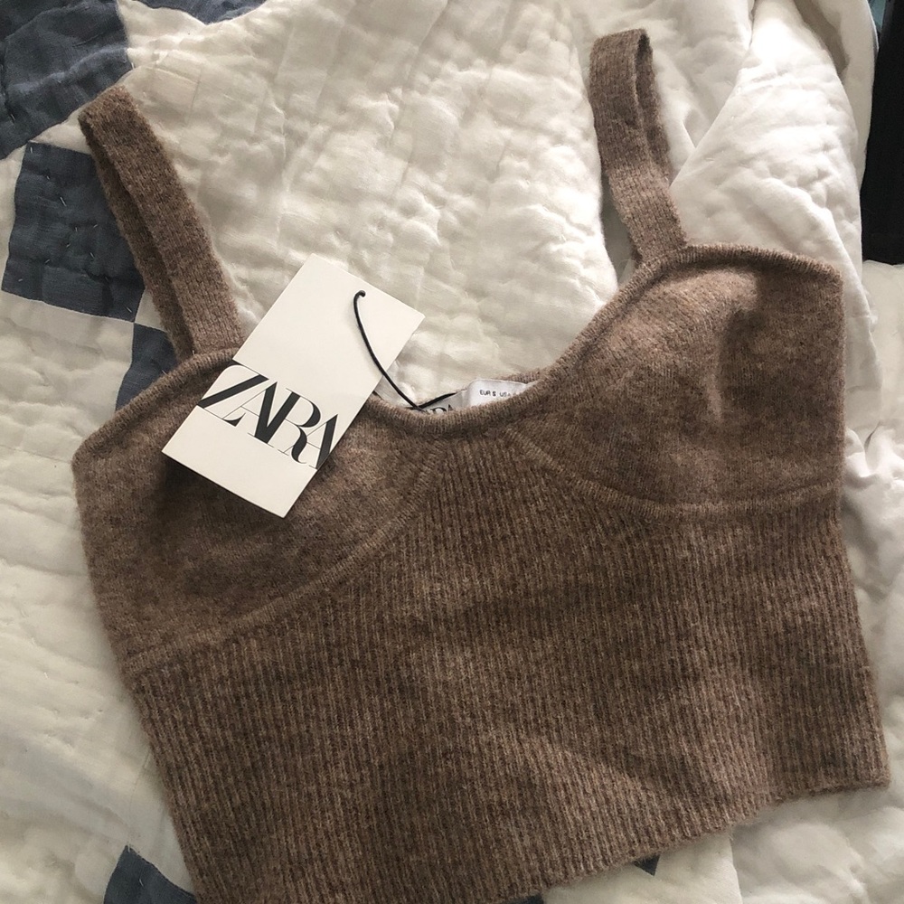 Zara Taupe Brown Ribbed Knit Cropped Camisole